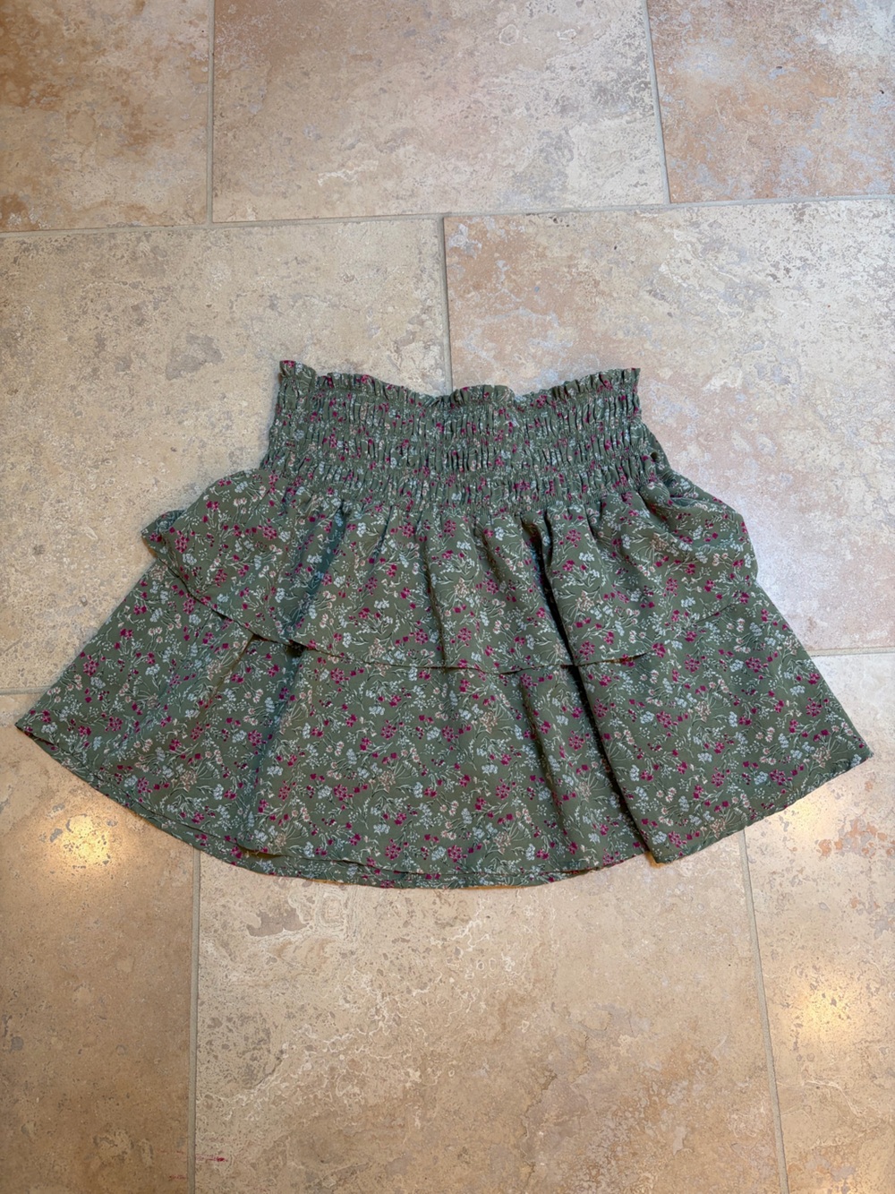 Altar'd State Olive Green Floral Tiered Smocked Skirt